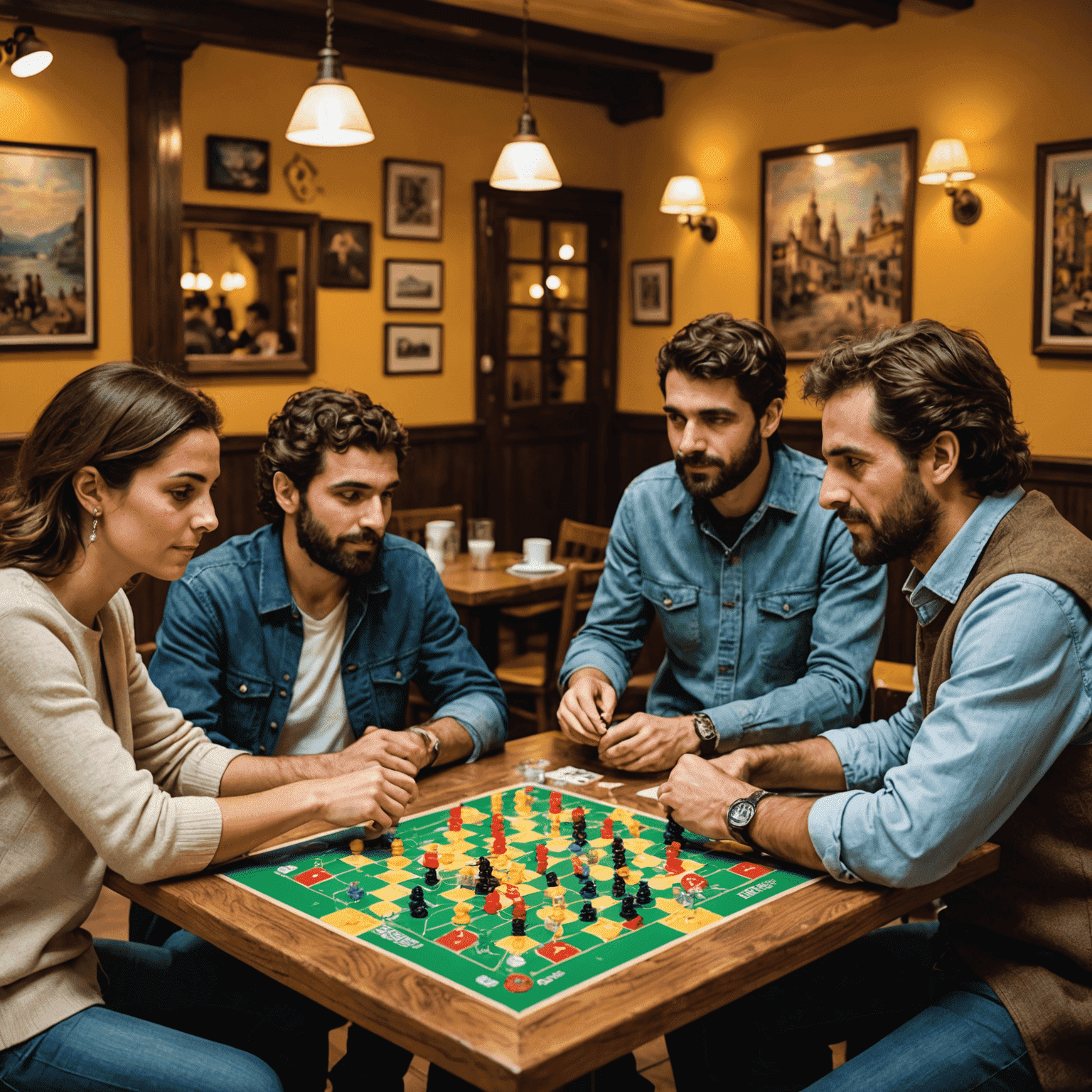 Grupo de españoles jugando Catan en un café de Madrid, con tableros elaborados y fichas coloridas sobre la mesa