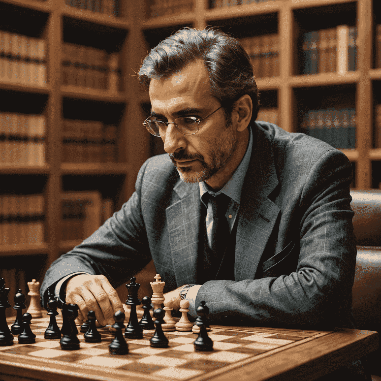 Un gran maestro español de ajedrez analizando una posición compleja en un tablero de ajedrez de madera fina. El fondo muestra una biblioteca llena de libros de ajedrez.