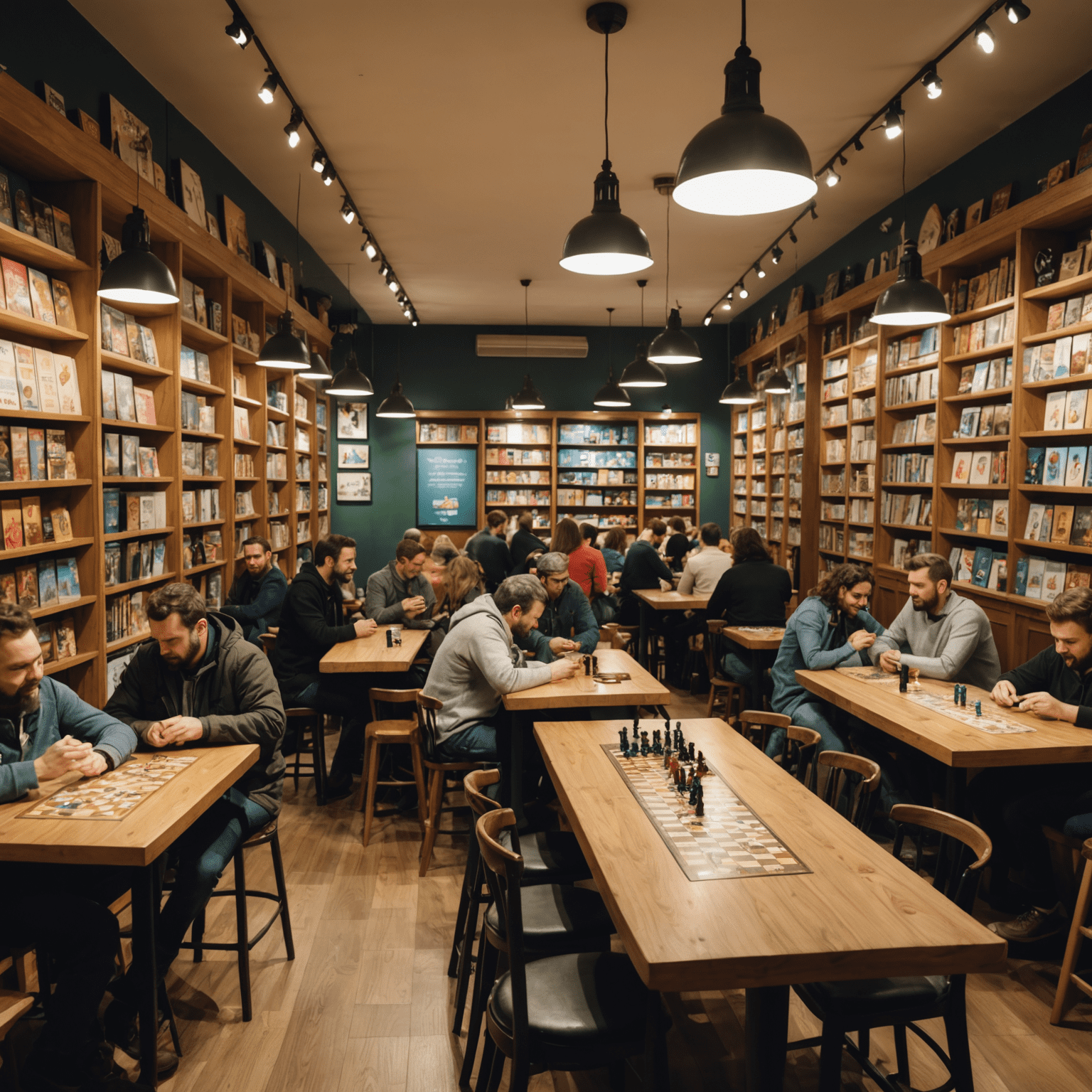 Interior de una cafetería de juegos de mesa en Madrid, con estanterías llenas de juegos y mesas ocupadas por grupos de personas jugando