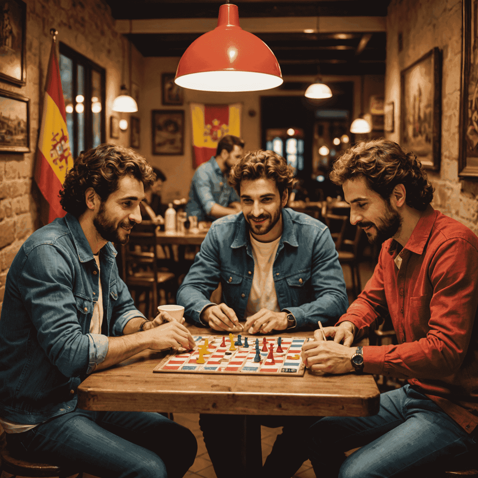 Grupo de españoles jugando a un juego de mesa europeo en un café, con la bandera española de fondo