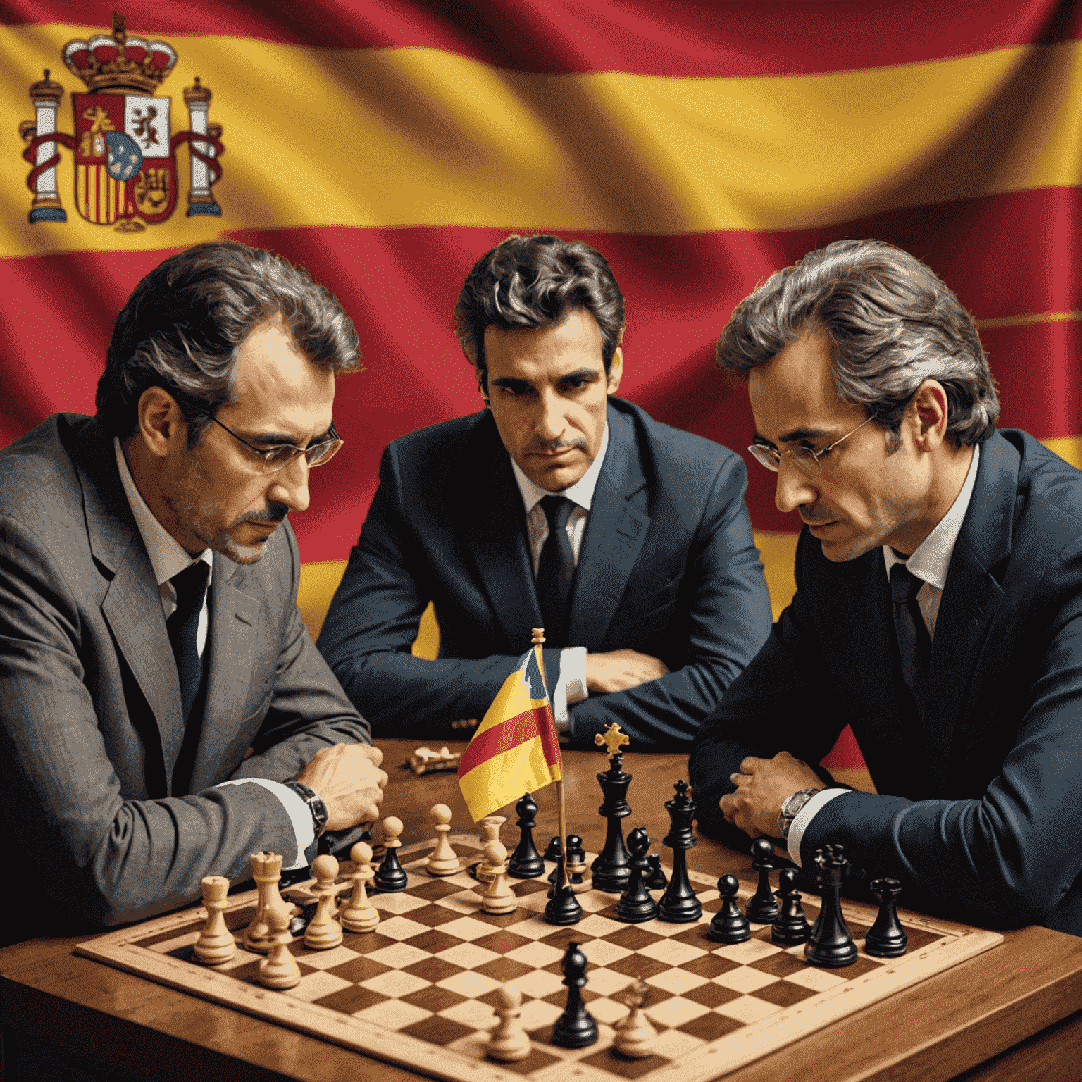 Grandes maestros de ajedrez españoles analizando una partida en un tablero, con la bandera española y trofeos de ajedrez en el fondo